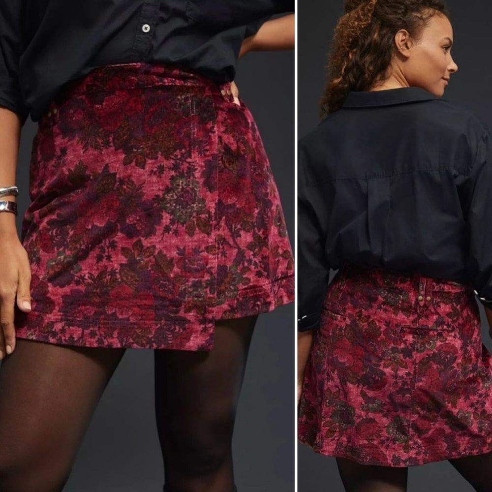 Anthropologie Pilcro Floral Corduroy Mini Skirt Berry Boho Vintage Style Size 12
